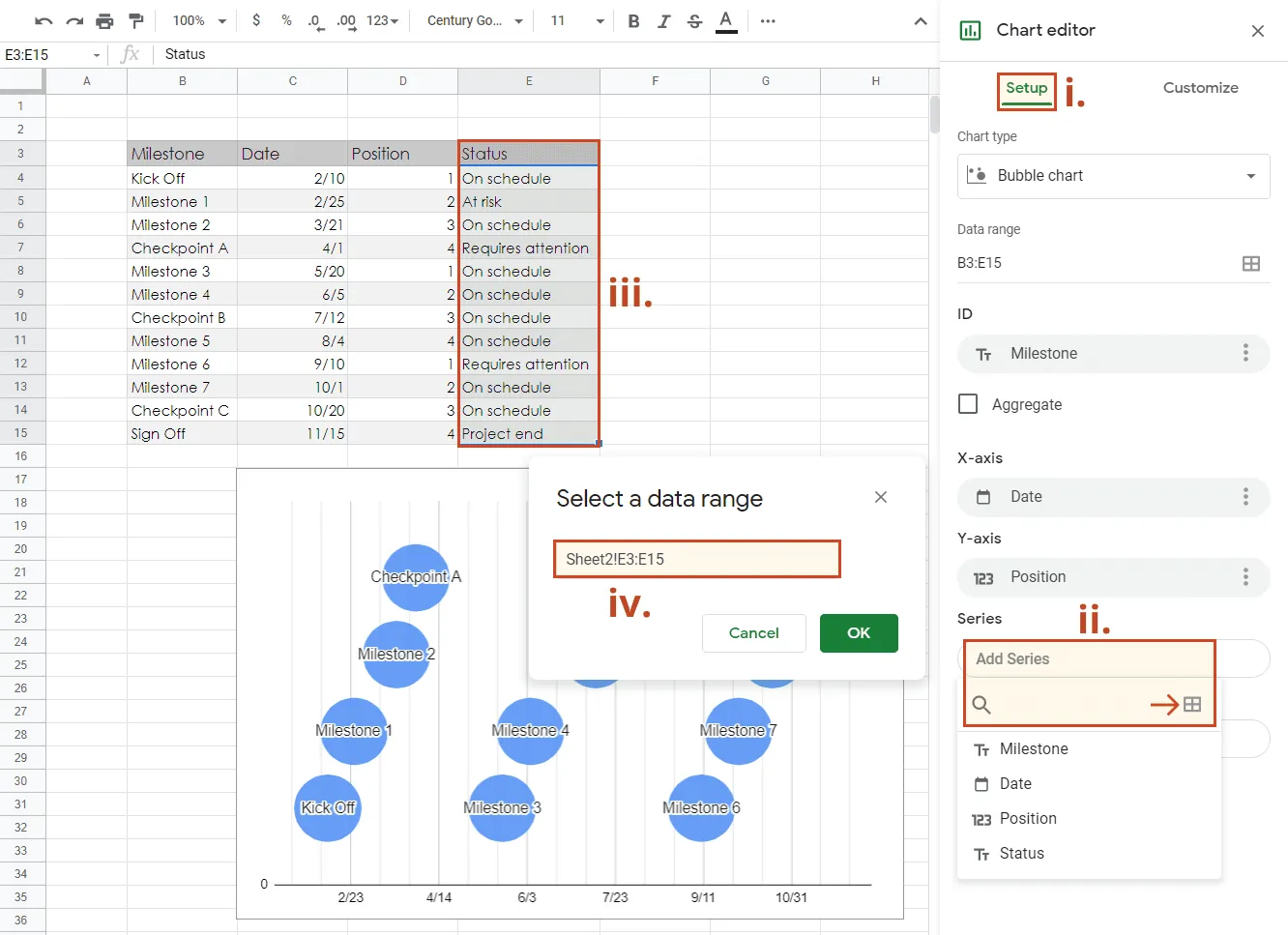 Add milestone category series to google sheets timeline