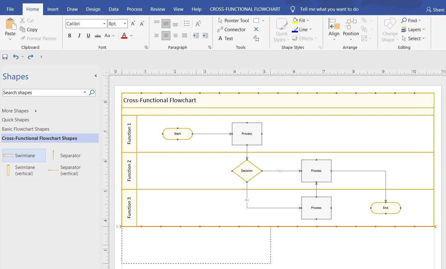 Add more swimlanes to manual Visio swimlane diagram
