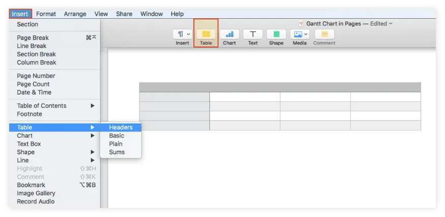 Add table to Pages document