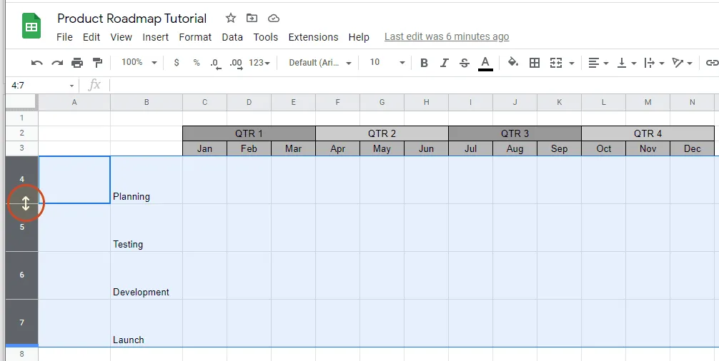 Adjust the width of your Google Sheets roadmap row