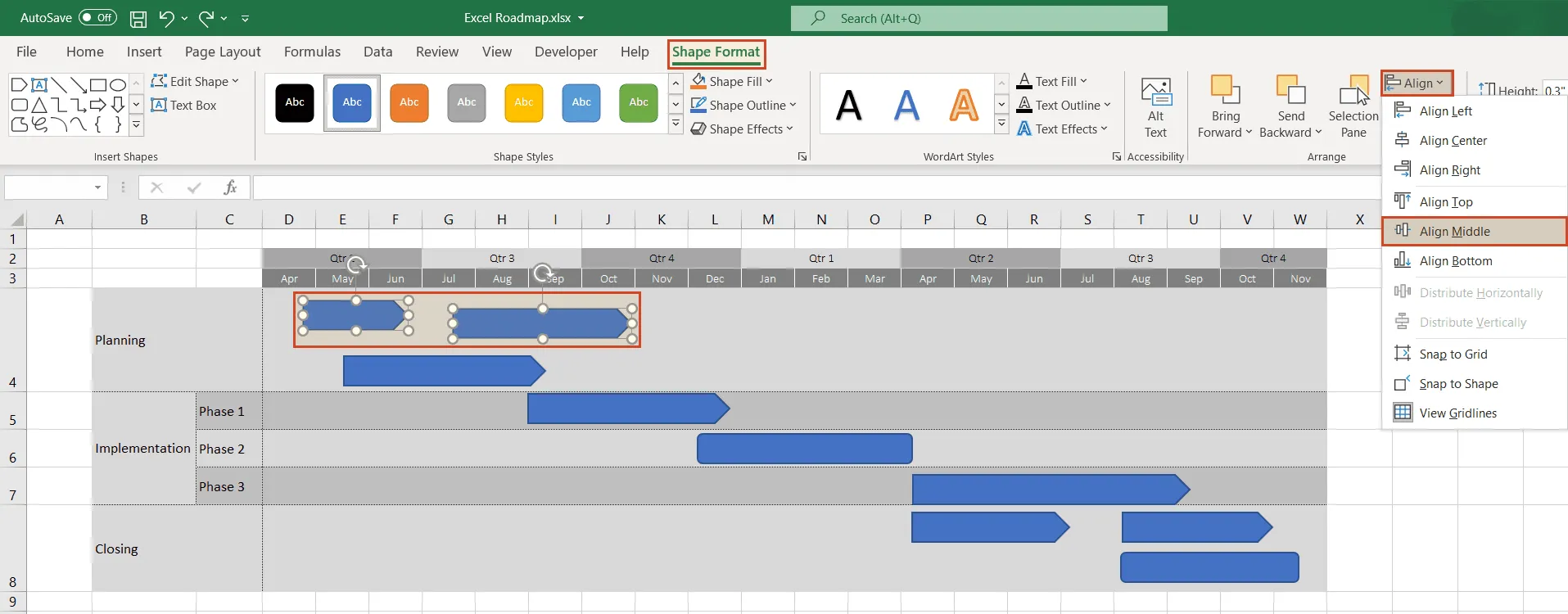 Align roadmap shapes in Excel
