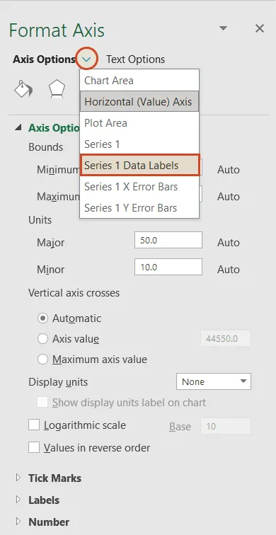 Settings in Series 1 Data Labels in Format Axis - Excel timeline