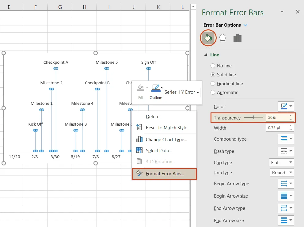 Change Excel timeline connector transparency
