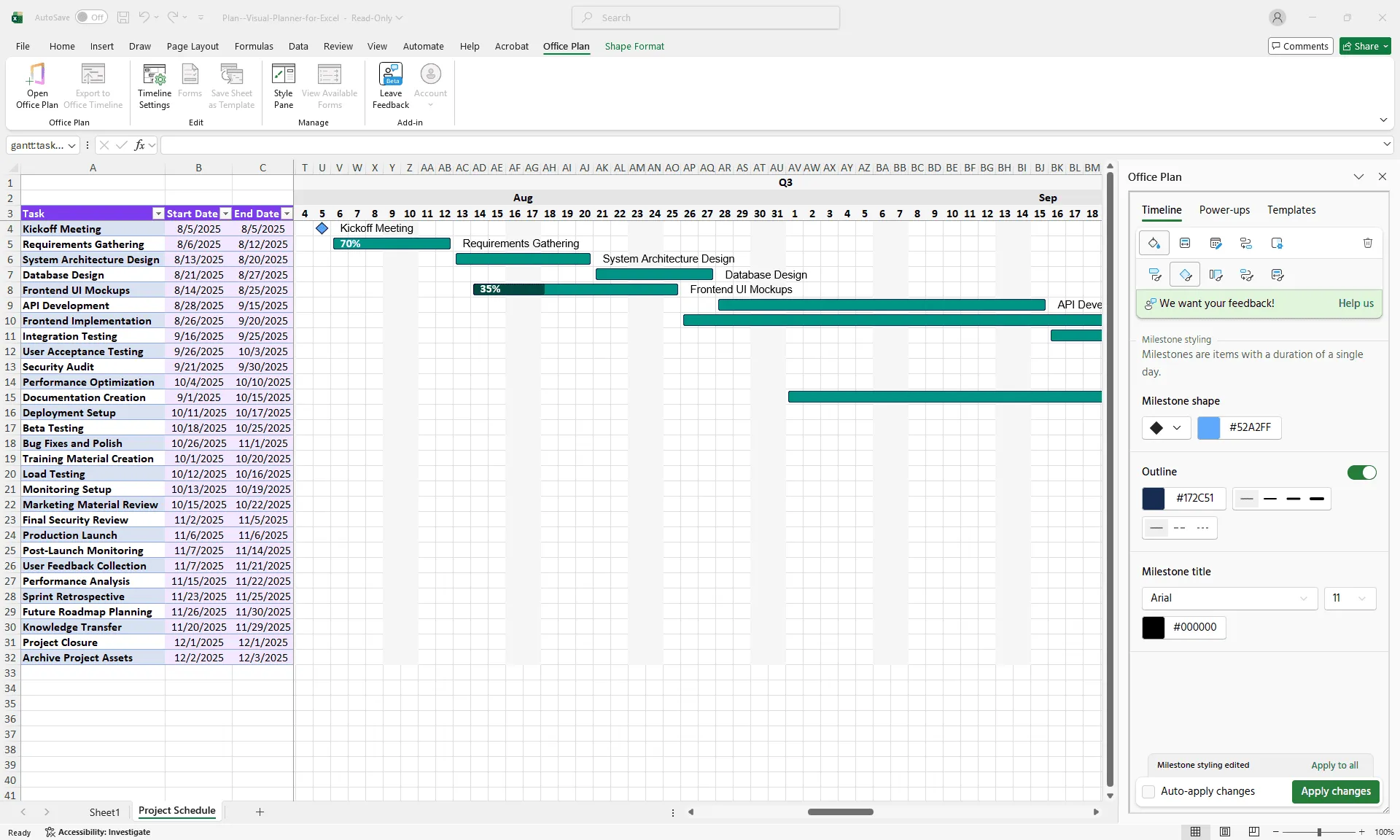 Before and after view of an Excel project roadmap — raw data table on the left, professional timeline visual generated by Office Plan on the right
