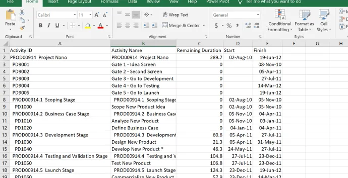 Project schedule data imported in Excel