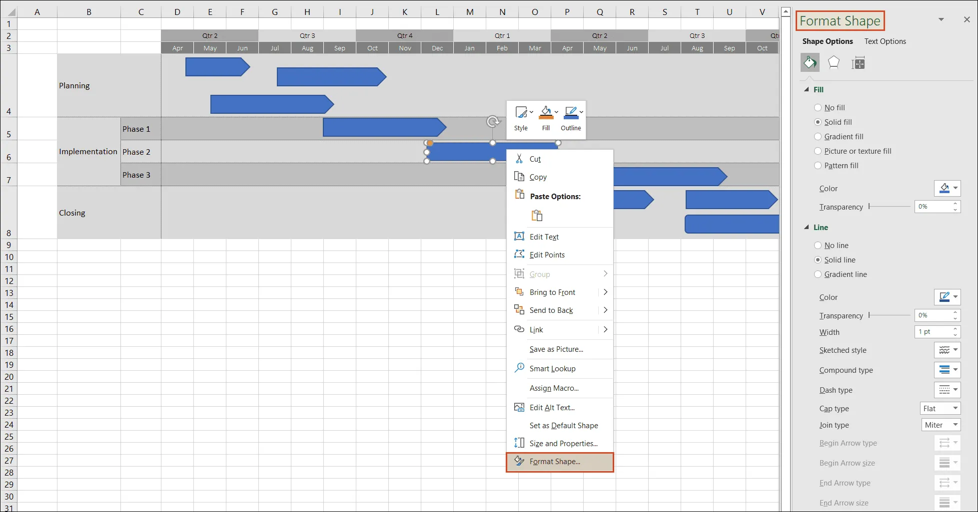 Format shape on Excel roadmap