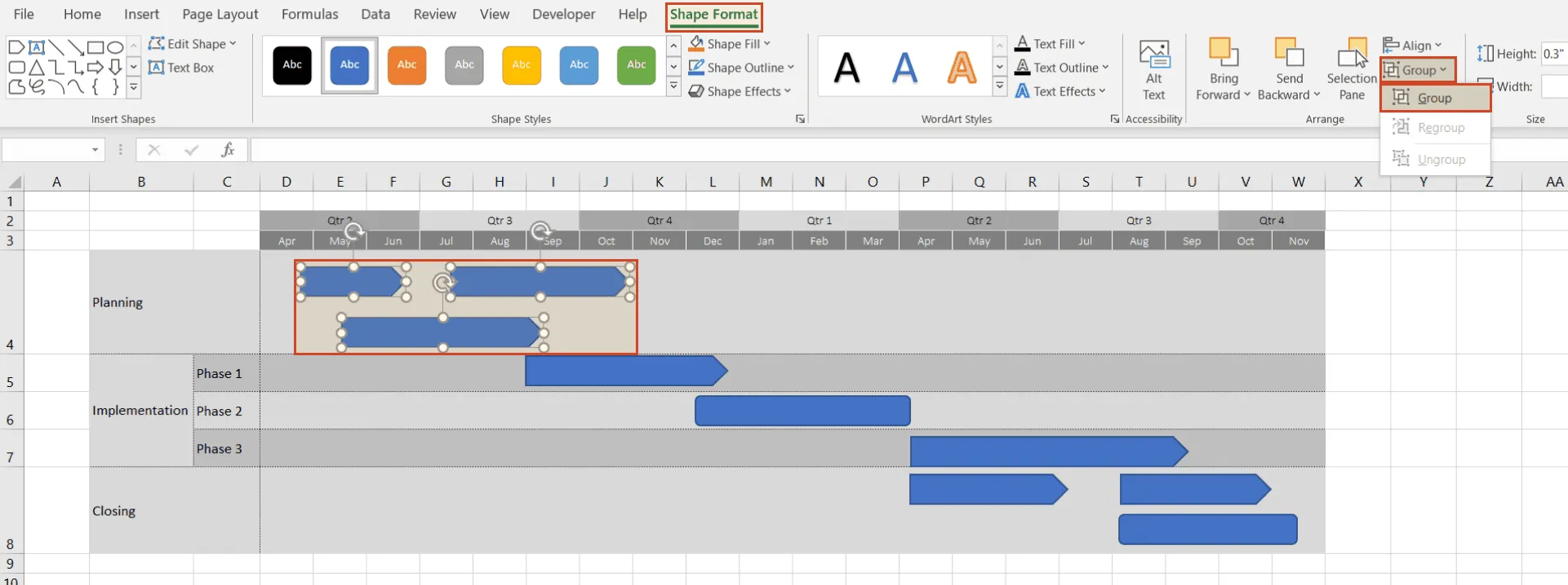 Group shapes on Excel roadmap