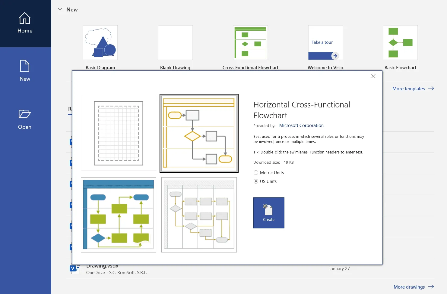 Select flowchart type in Microsoft Visio