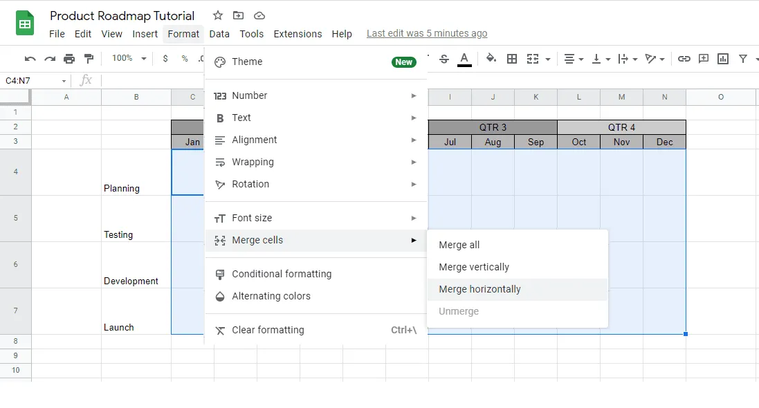 Horizontally merge row cells of Google Sheets roadmap