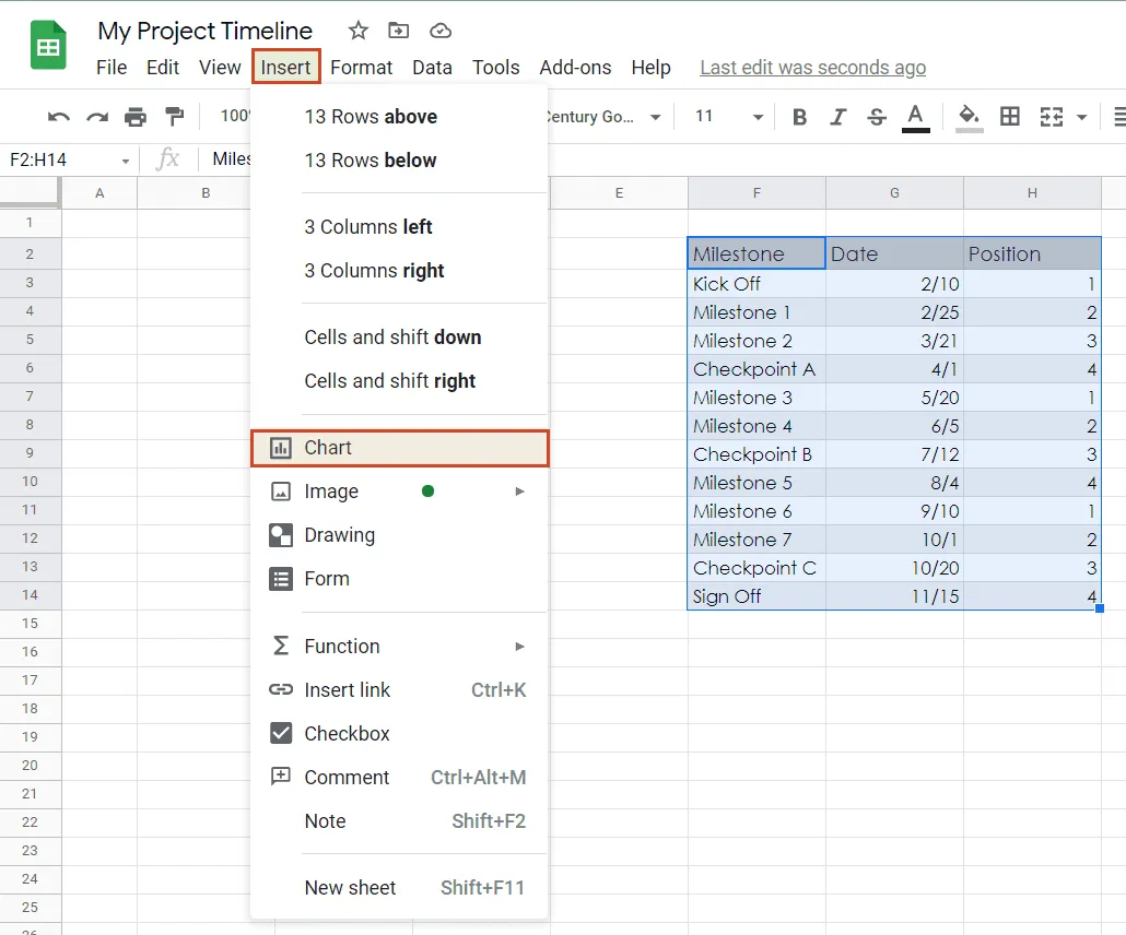 Insert Chart in Google Sheets