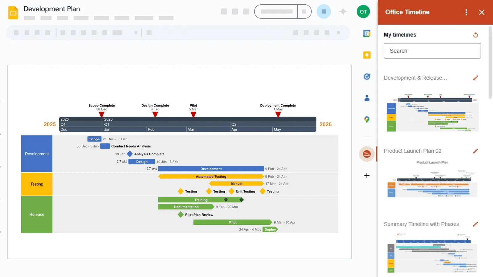 Easily insert and refresh your project visuals made with Office Timeline Online into Google Slides