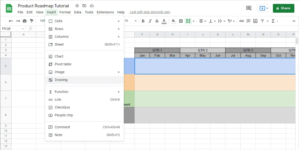 Insert shapes within the swimlanes of the Google Sheets roadmap