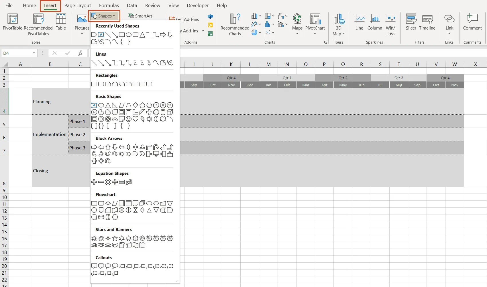 Add shapes to Excel roadmap