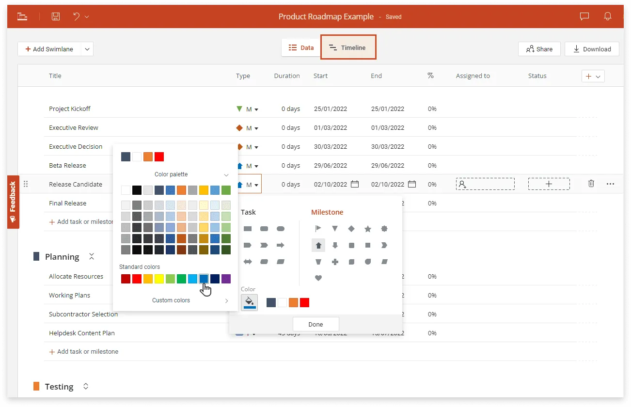 List your roadmap data in Office Timeline Online