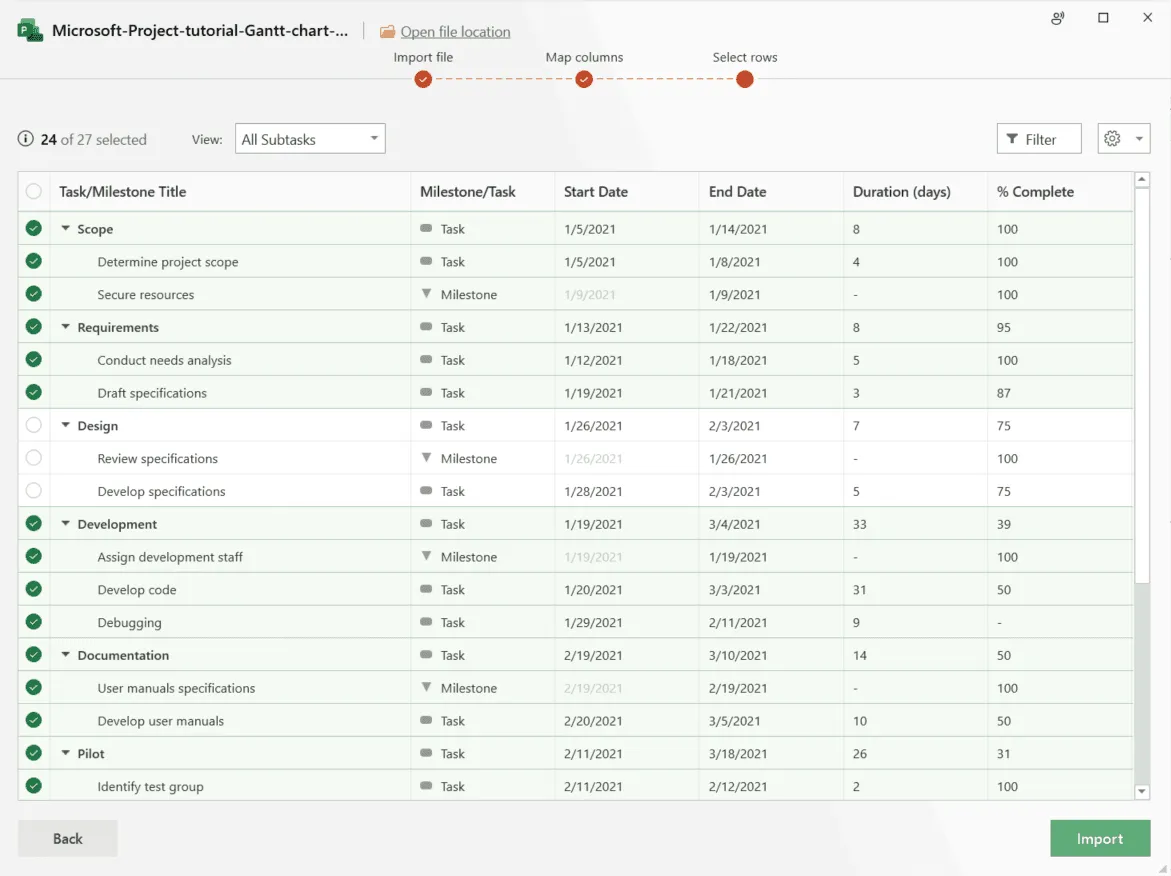 Mapping MS Project data to be imported