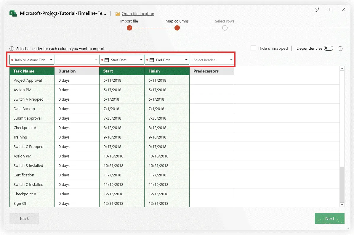 Office Timeline Map Columns when Importing from MS Project