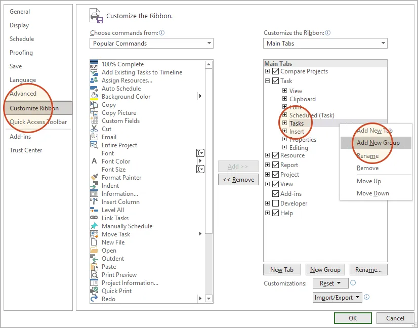 Add new group using Customize Ribbon option in MS Project