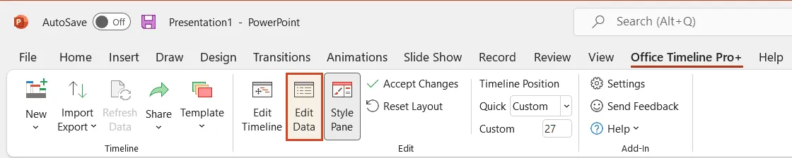 Office Timeline - Edit Data button