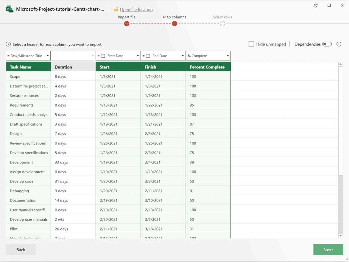 Mapping MS Project data to be imported