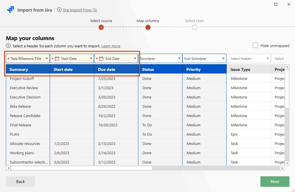 Jira data imported in Office Timeline