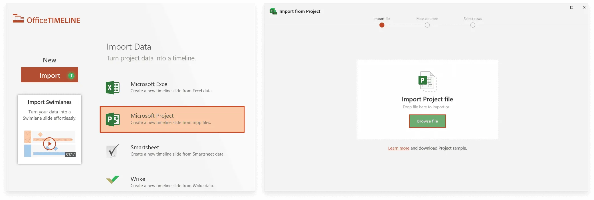 The MS Project Import wizard in Office Timeline