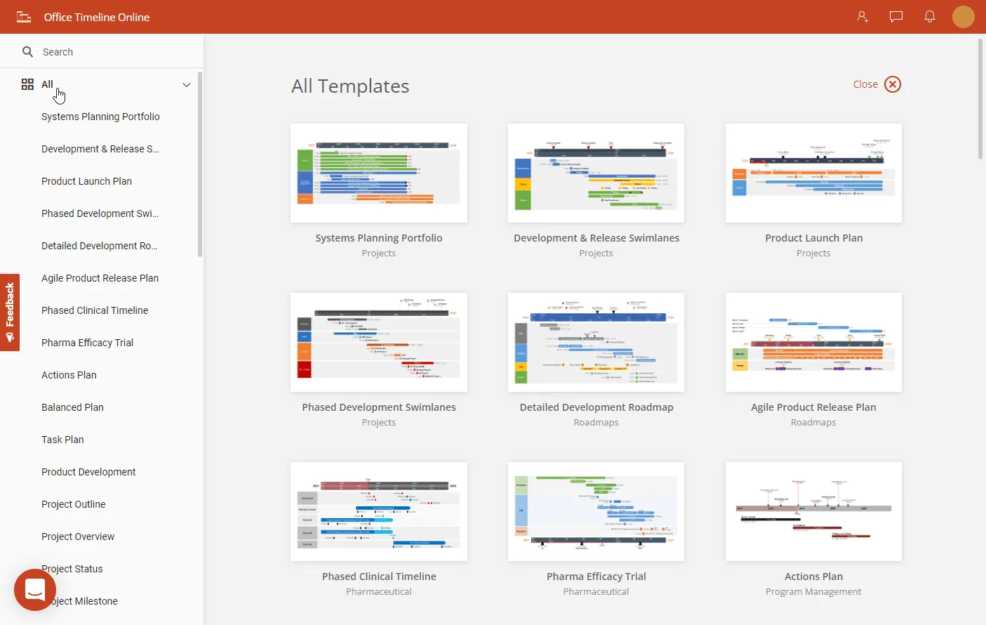 Preview of template gallery in Office Timeline Online