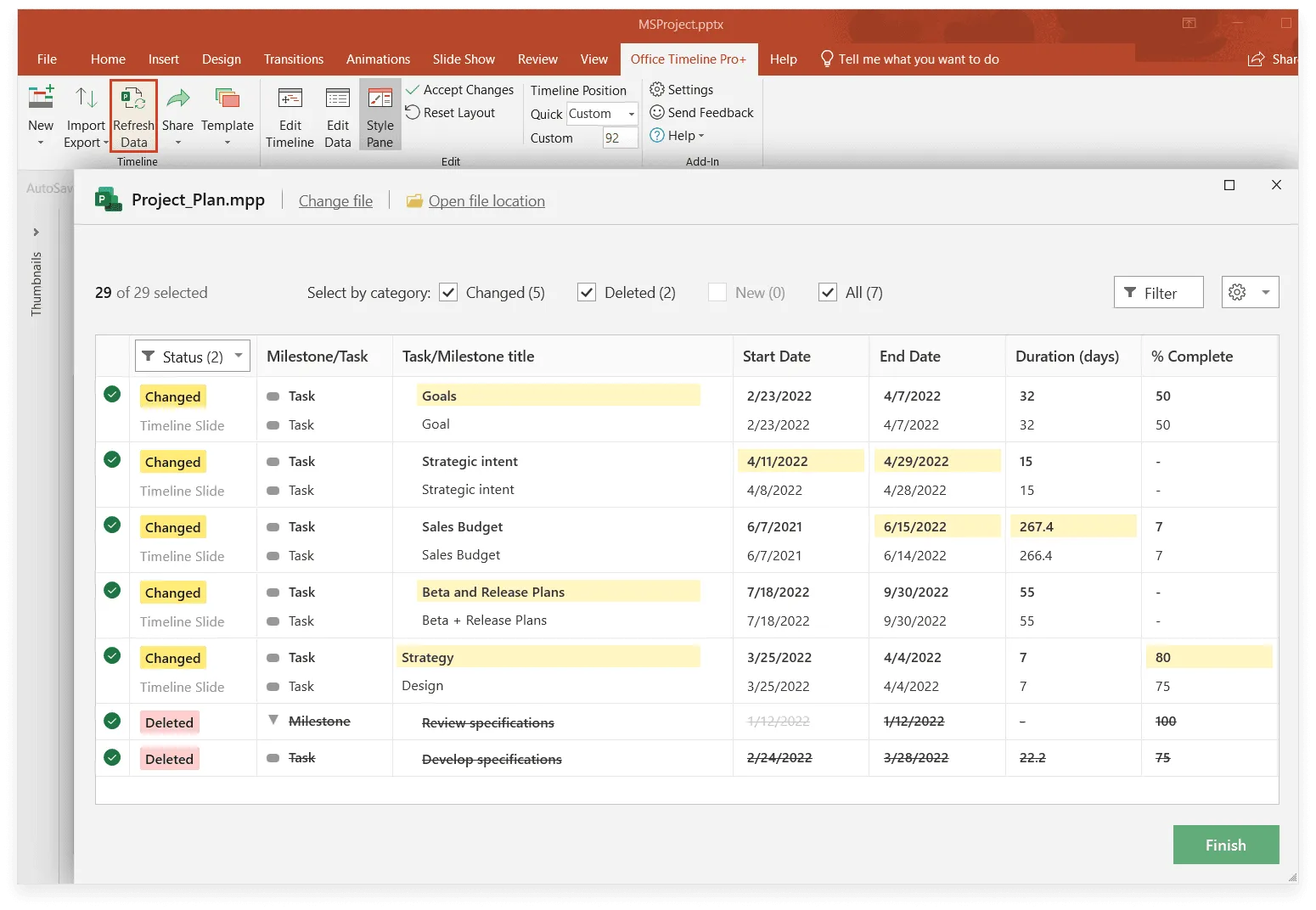 Office Timeline - Refresh Data wizard