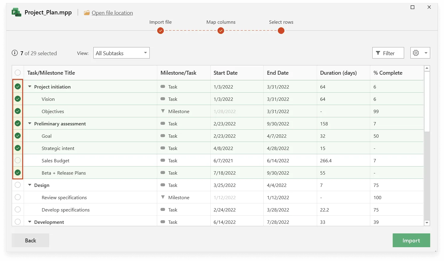 Select data in MS Project import