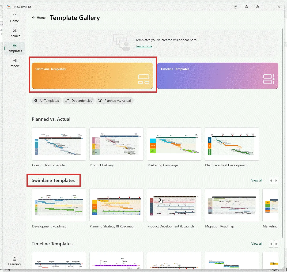 Office Timeline swimlane templates gallery
