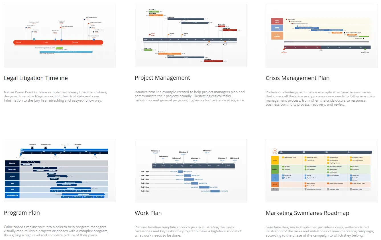 Preview of online template library from Office Timeline