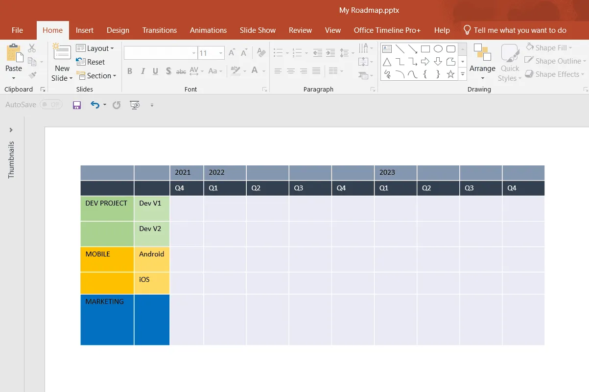 Enter projects in PowerPoint roadmap