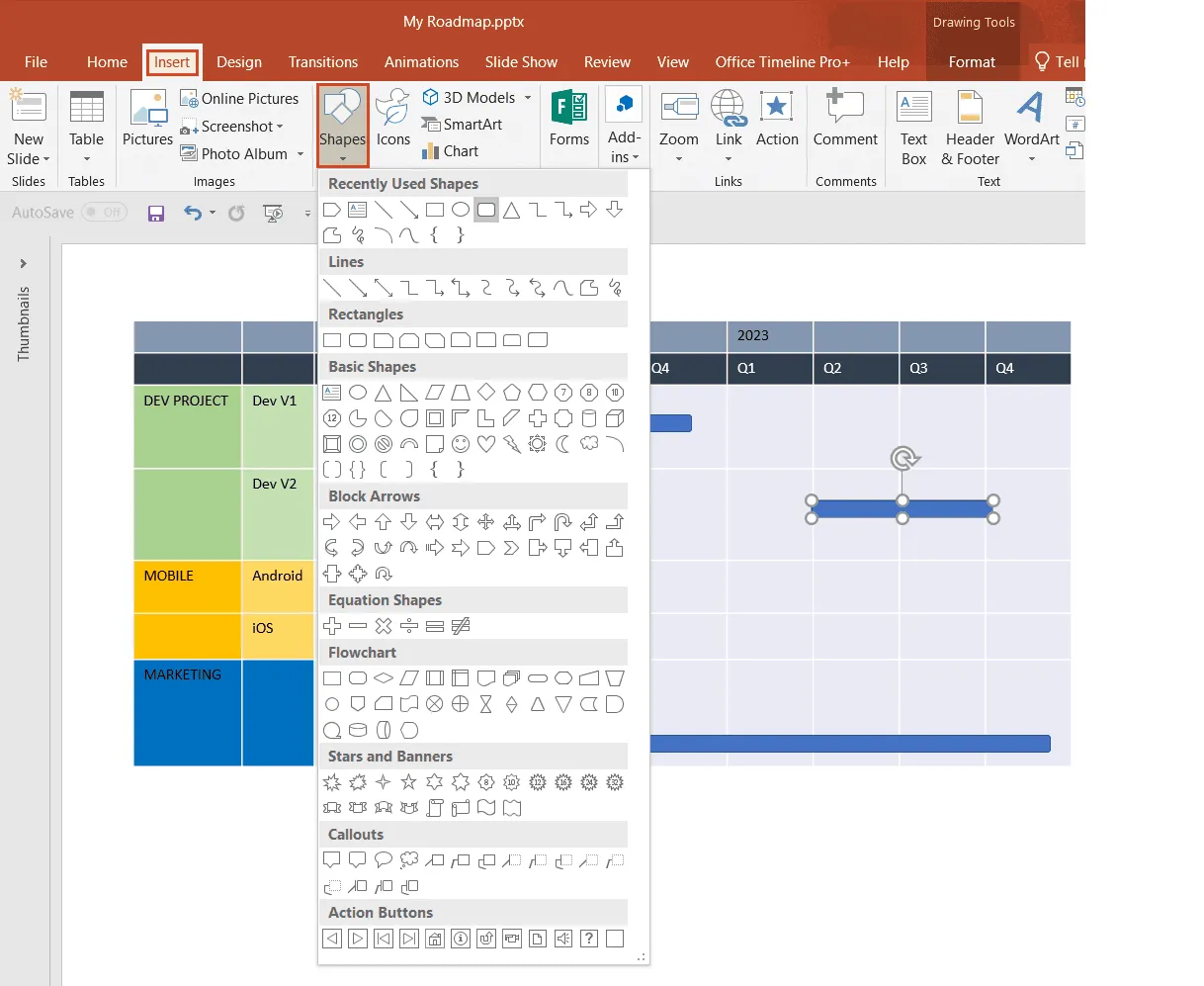 Insert task and milestone shapes into PowerPoint roadmap