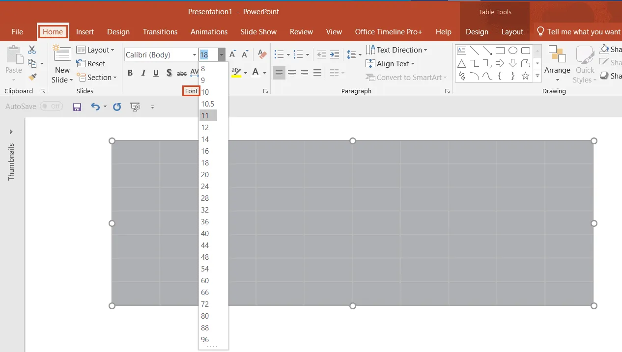 Set font size in PowerPoint roadmap