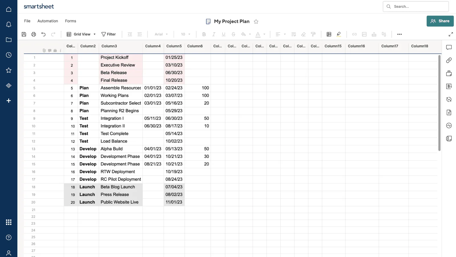 Données de projet dans Smartsheet avant d'être importées dans Office Timeline Pro
