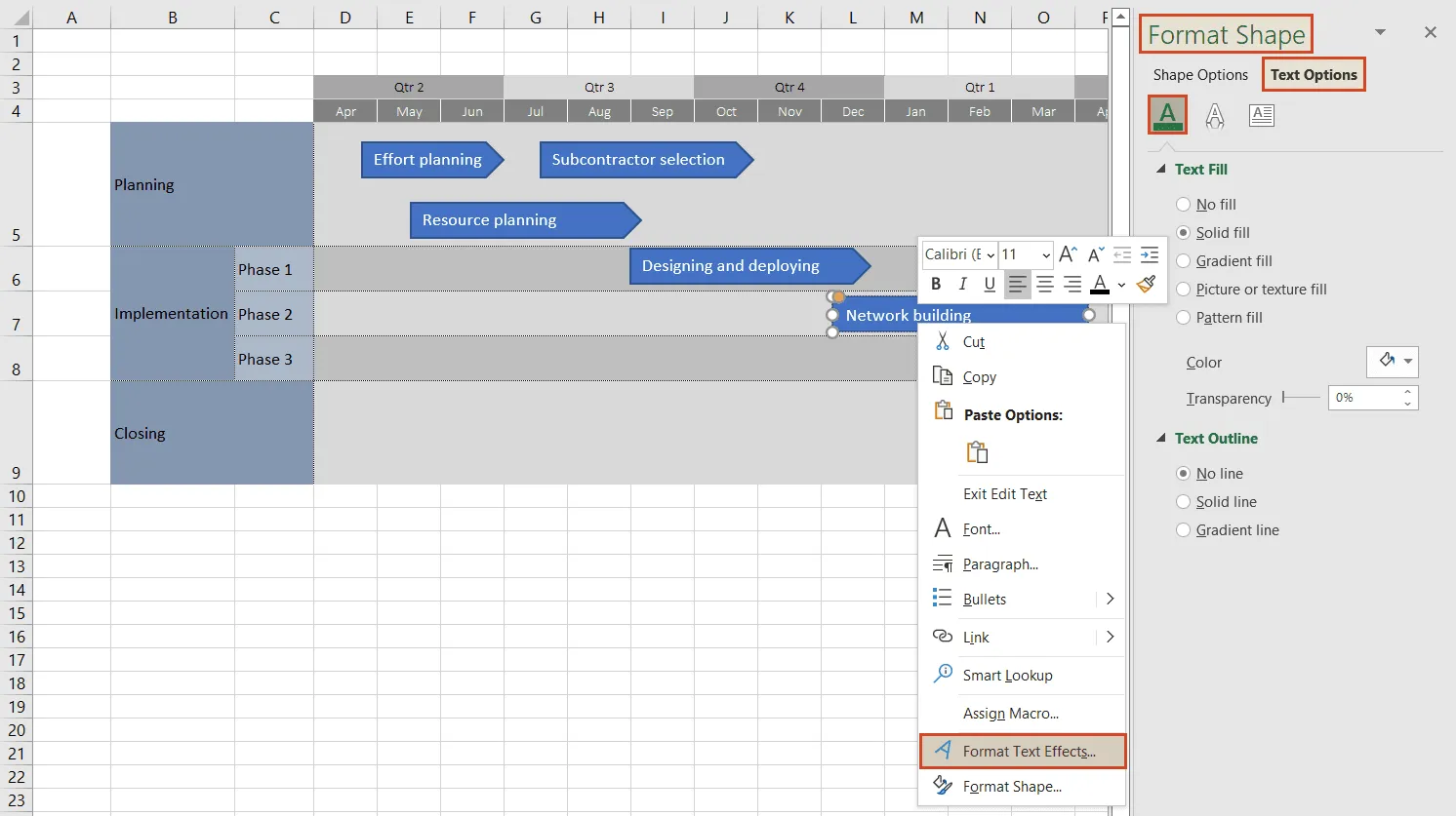 Set roadmap text format in Excel