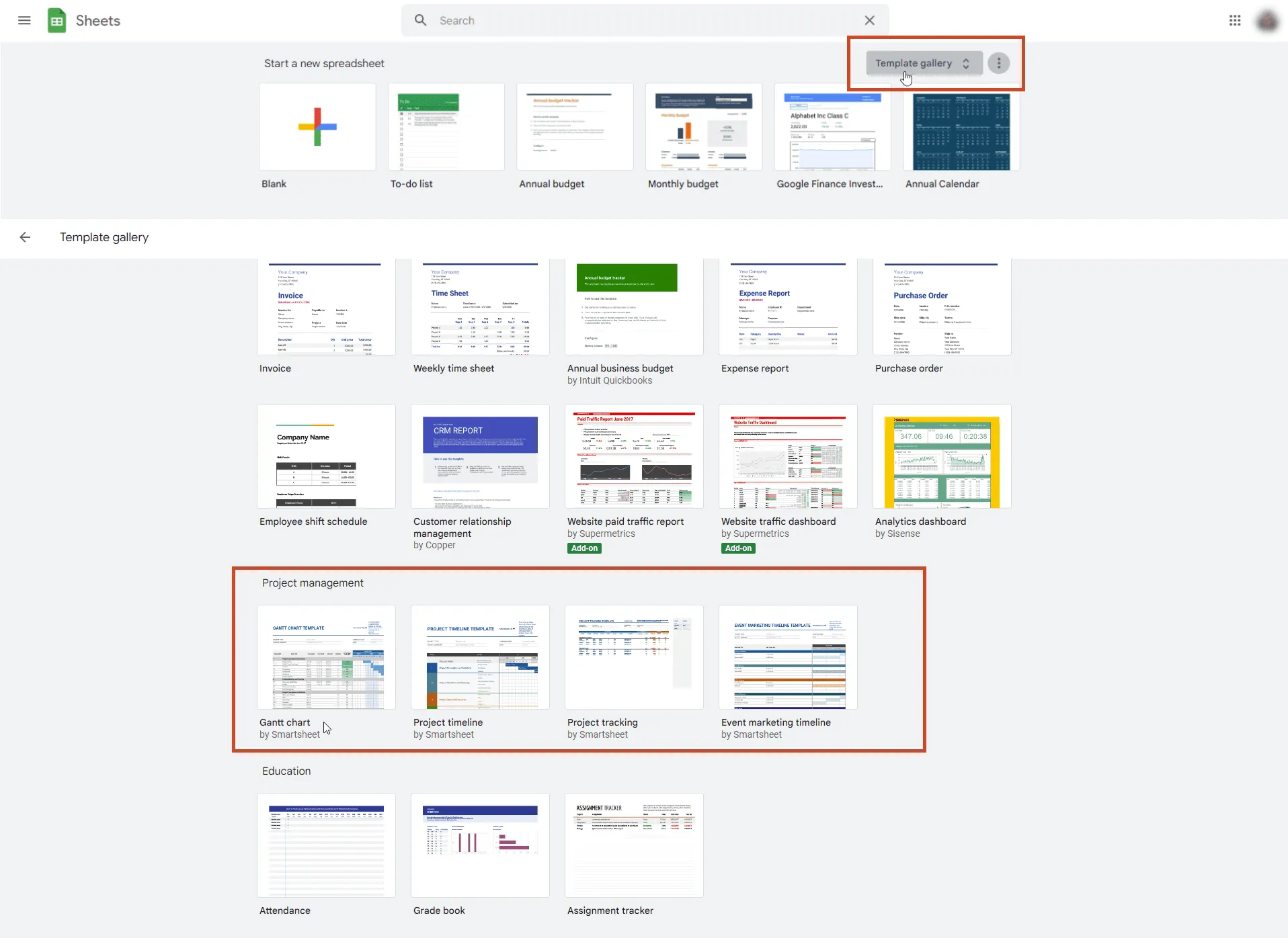 Recherche de modèles de gestion de projet dans Google Sheets