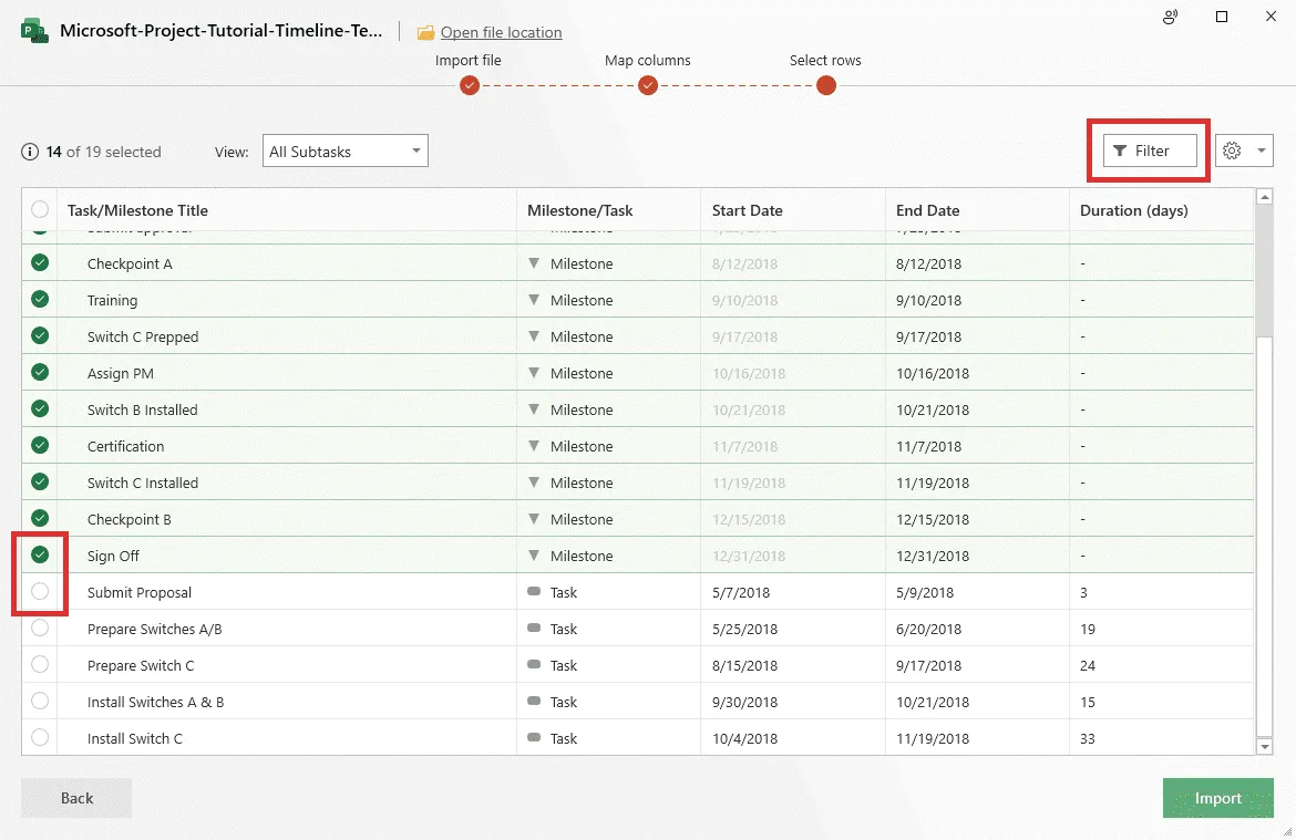 Select MS Project Data to Import into Office Timeline