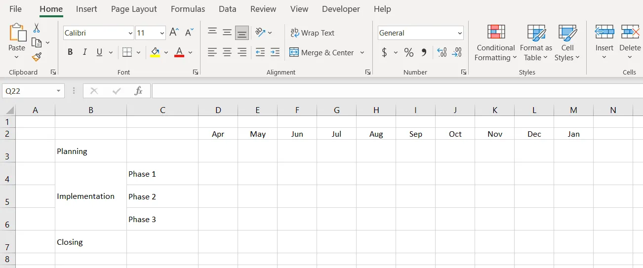 List roadmap timeline data in Excel
