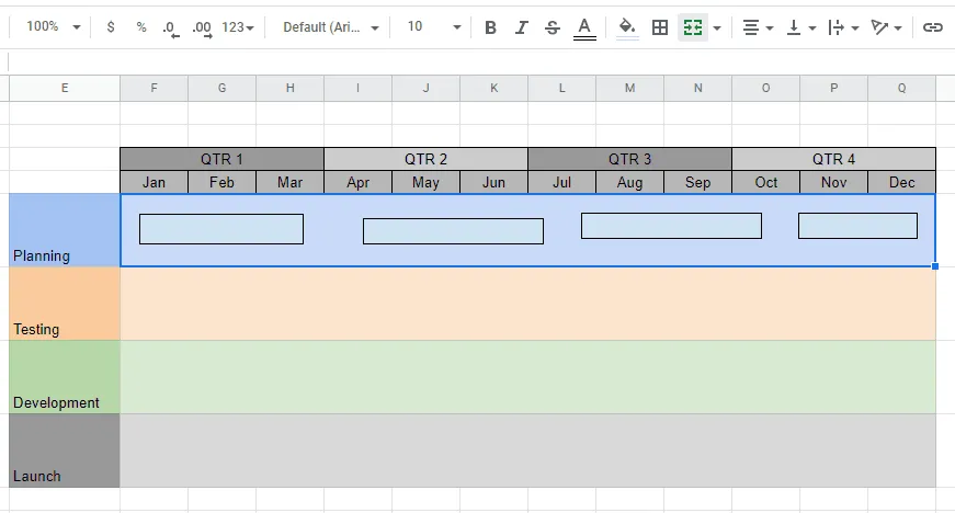 Shapes added to the swimlane of the Google Sheets roadmap