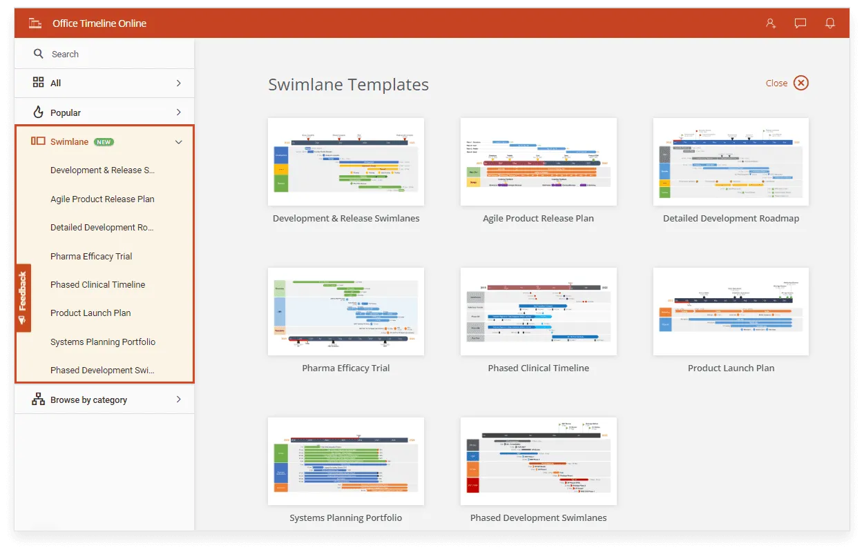 Swimlane template gallery in Office Timeline Online