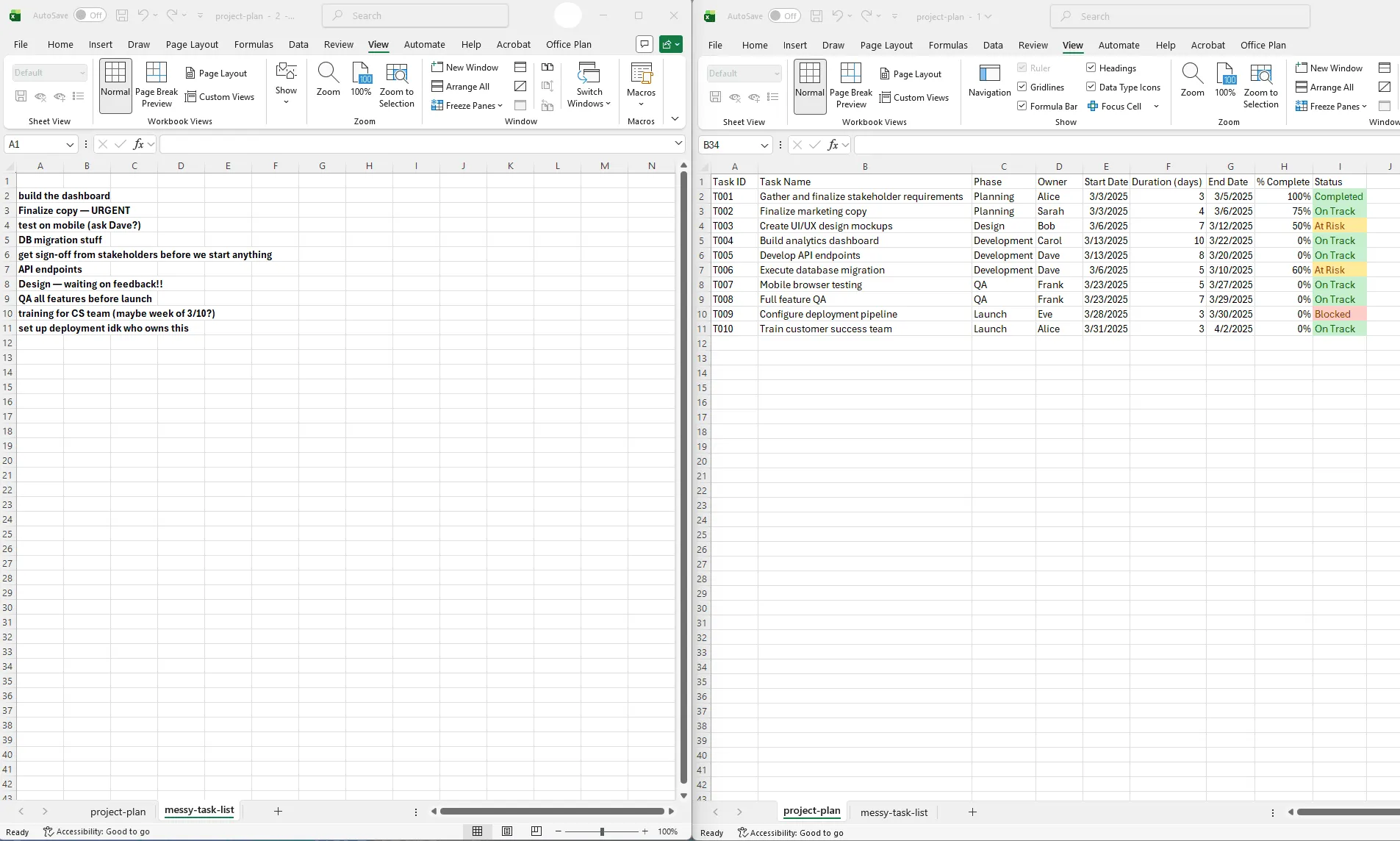 Before and after view of an Excel project plan — a messy unstructured task list on the left transformed into a structured project plan with dates, owners, status tracking, and conditional formatting on the right.