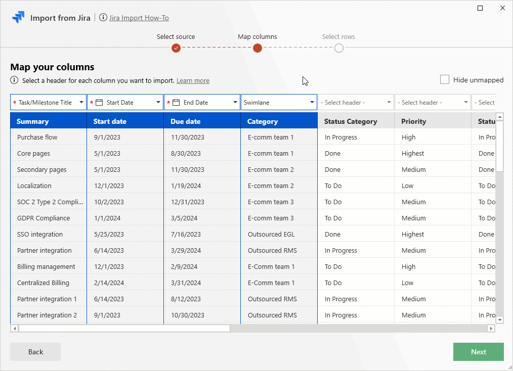 Gif showing how to map data from Jira during the import into Office Timeline