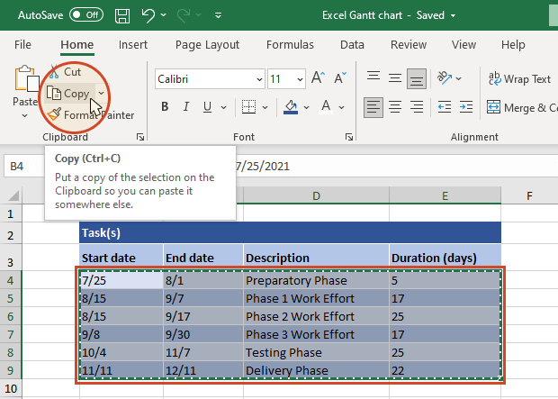 Copy data from Excel to Office Timeline