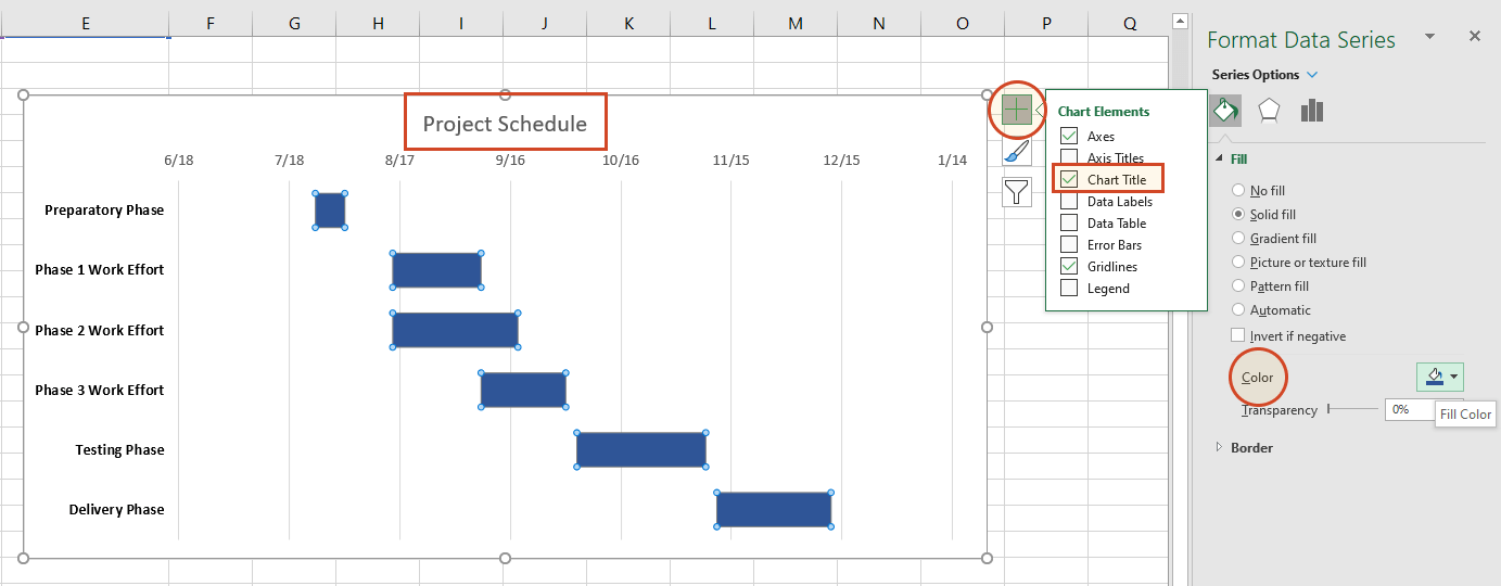 Customize the task bar colorand add title to the Gantt chart