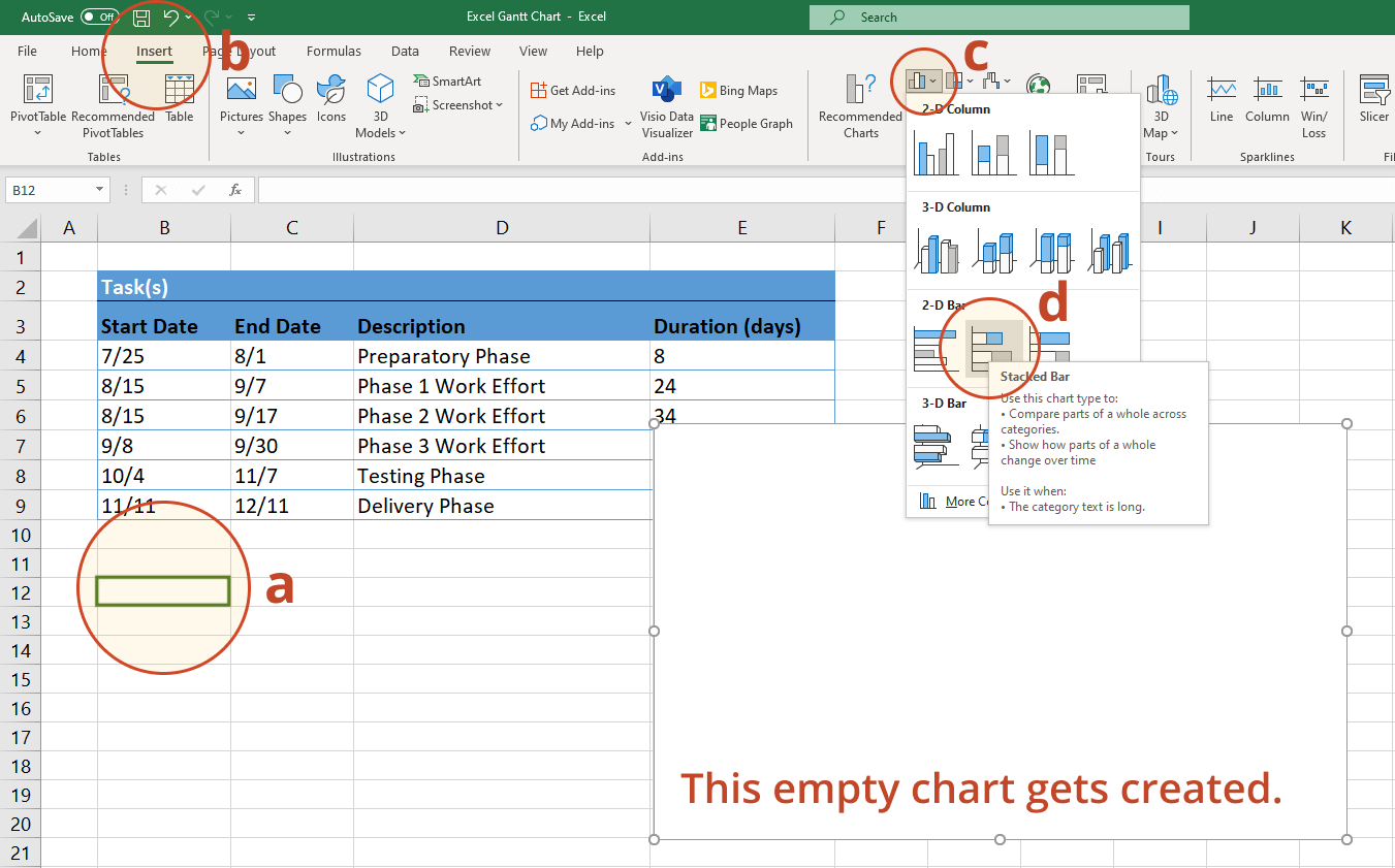 Insert stacked bar chart in Excel