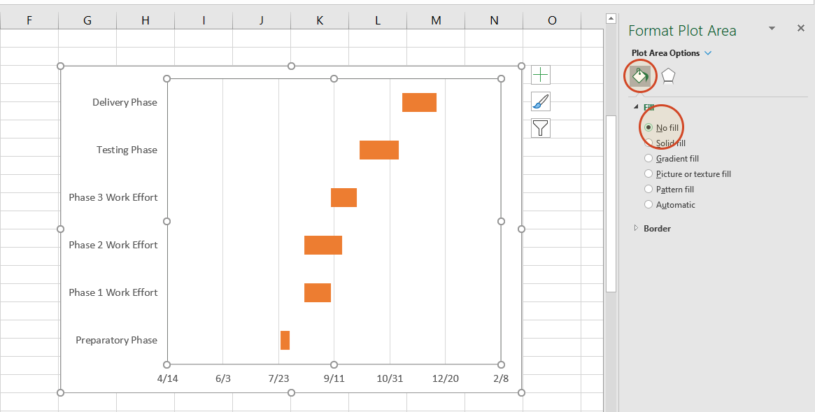 No Fill option selected for the Excel Gantt chart