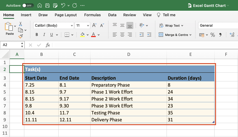 Project Table in Excel