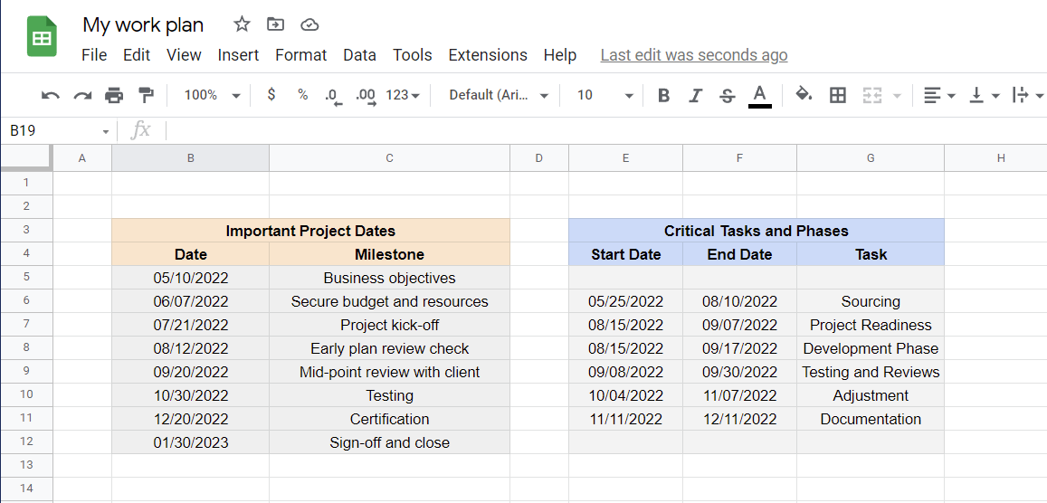 Project schedule data in Google Sheets
