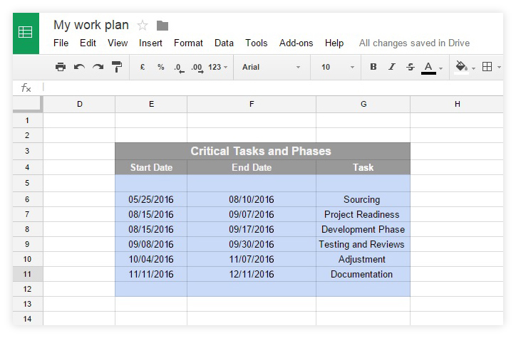Set up the task start date in Google Sheets