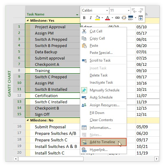 ms project timeline adding a second timeline